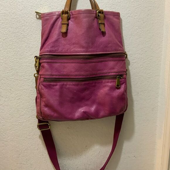 Fossil Explorer Messenger Bag Pink Fold Over Crossbody Leather Tote Womens Large - Picture 2 of 7